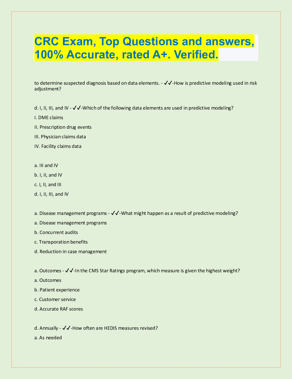 Preview image for CRC Exam, Top Questions and answers,  100% Accurate, rated A+. Verified.